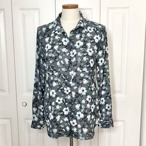 LOFT gray/ blue floral button up blouse, roll tab sleeves